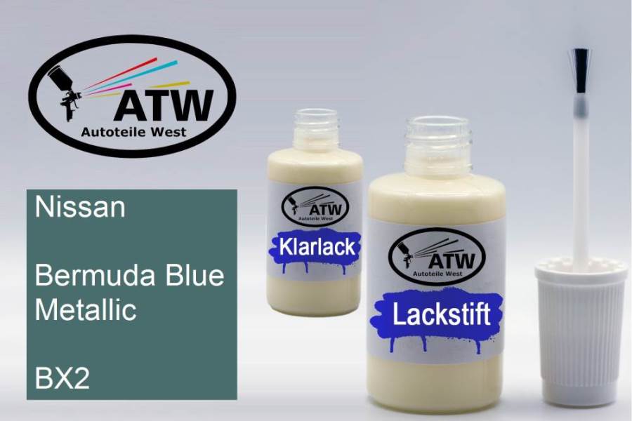 Nissan, Bermuda Blue Metallic, BX2: 20ml Lackstift + 20ml Klarlack - Set, von ATW Autoteile West.